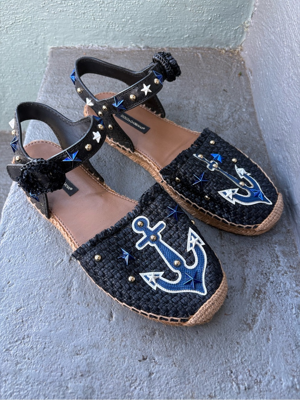 Dolce & Gabbana Espadrille Sandals with Blue Anchor Embroidery